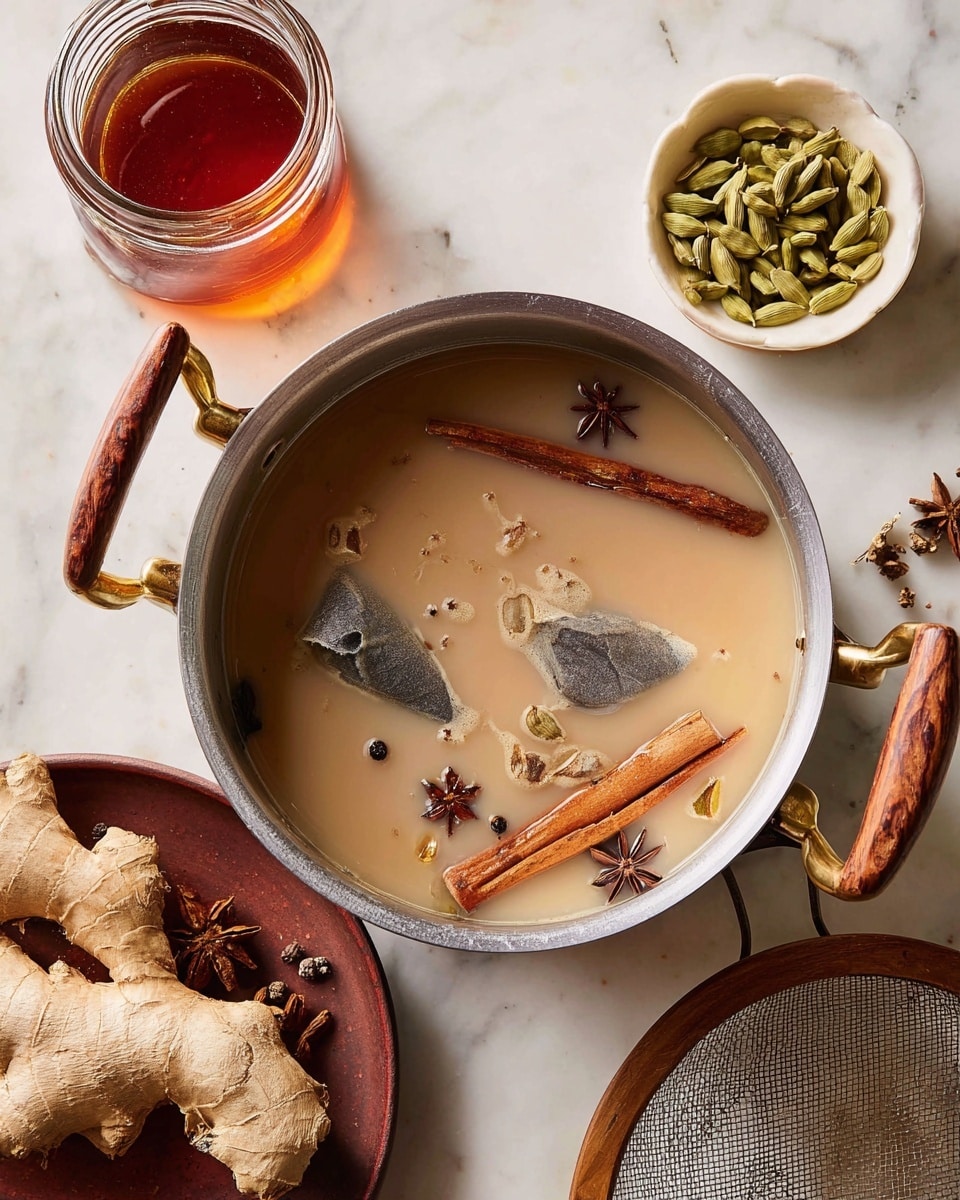 A metal pot with a wooden and brass handle holds a light brown milky liquid with two dark tea bags floating near the top, two cinnamon sticks crossing each other, and scattered whole spices like star anise, cardamom pods, and black peppercorns inside the liquid. The pot is placed on a white marbled surface next to a small glass jar filled with dark amber liquid on the upper left, a brown plate holding a large piece of fresh ginger root and a small white bowl filled with green cardamom pods on the upper right, and a fine mesh strainer with a wooden rim at the bottom right. Photo taken with an iphone --ar 4:5 --v 7