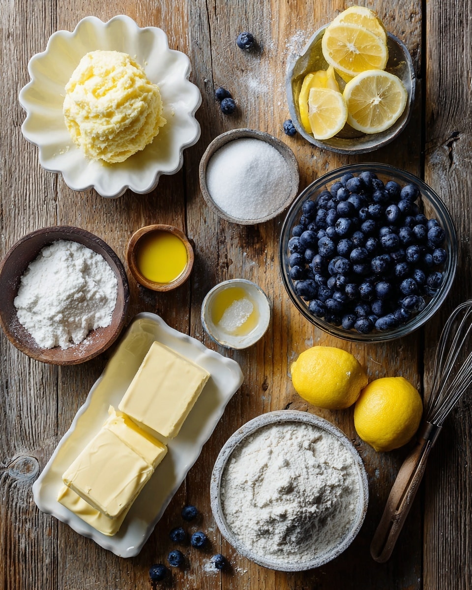 The image shows a wooden table with various baking ingredients arranged in small white and brown bowls and plates. On the top left, there is a white shell-shaped plate with a large scoop of soft yellow butter. Next to it is a small brown bowl filled with white powdered sugar. Below the butter, there is a small brown bowl of white granulated sugar and another small bowl with a yellow liquid and a spoon. In the center, a rectangular white dish holds two blocks of pale yellow butter, with a bright white small bowl of flour below it. To the right, a clear glass bowl filled with dark blue blueberries is placed above lemon halves and peels. Below are another white bowl full of blueberries and a whole yellow lemon. At the bottom right, there is a rough-textured bowl filled with white flour with a silver whisk lying nearby. The surface beneath everything is a white marbled texture photo taken with an iphone --ar 4:5 --v 7