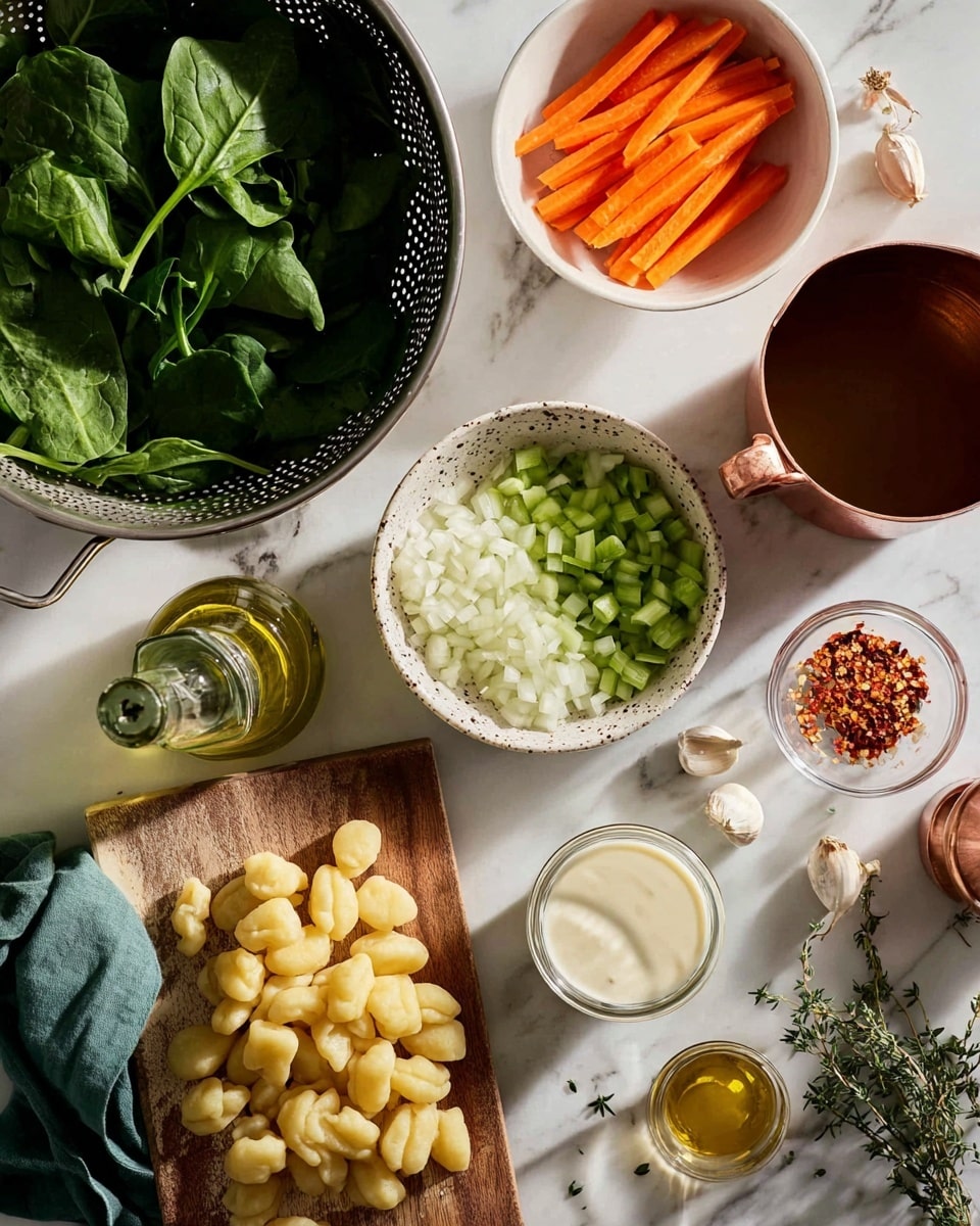 The image shows fresh cooking ingredients arranged on a white marbled surface. There is a metal colander filled with green spinach leaves on the upper left. Below it is a white bowl holding thin orange carrot sticks. Next to the carrot bowl is a speckled white bowl with diced white onions on the top half and diced green celery on the bottom half. In the center, a wooden cutting board holds a small pile of uncooked pale yellow gnocchi, a light green glass bottle of olive oil, and some red chili flakes sprinkled nearby. To the upper right sits partially visible garlic cloves and a copper pepper grinder. Nearby, there are two clear glass measuring cups: one filled with dark brown broth and the other with white cream. A small glass jar of pale yellow mustard and a few thyme sprigs rest near the bottom right. The scene shows natural light and soft shadows. Photo taken with an iphone --ar 4:5 --v 7