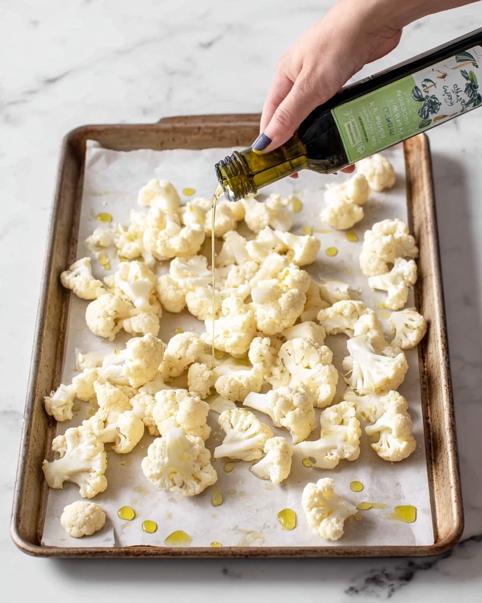 The image shows a metal baking tray with white parchment paper holding many pieces of raw cauliflower florets spread out in one layer. There are small drops of golden olive oil drizzled over the cauliflower. A woman's hand is pouring more olive oil from a green bottle over the florets. The tray is placed on a white marbled surface. photo taken with an iphone --ar 4:5 --v 7