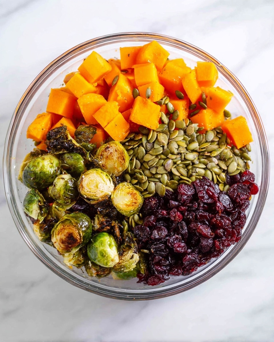 A clear glass bowl contains four distinct layers of ingredients arranged side by side: bright orange roasted cubes of butternut squash with a slightly soft texture; green roasted Brussels sprouts with browned, crispy edges; a pile of small, green pumpkin seeds with a smooth dry texture; and dark red dried cranberries, wrinkled and clustered. The bowl sits on a white marbled surface, and the colors and textures create a fresh, colorful contrast. Photo taken with an iphone --ar 4:5 --v 7