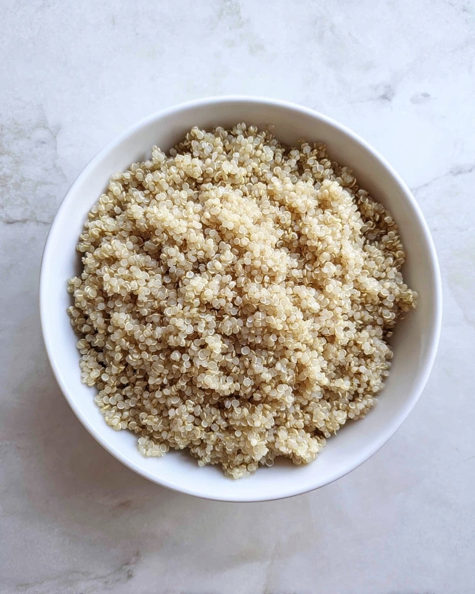 A white bowl filled with a single layer of cooked quinoa, showing small, round, light beige grains with a slightly translucent look, sitting on a white marbled surface. The quinoa grains have a fluffy texture and appear evenly spread across the bowl. Photo taken with an iphone --ar 4:5 --v 7