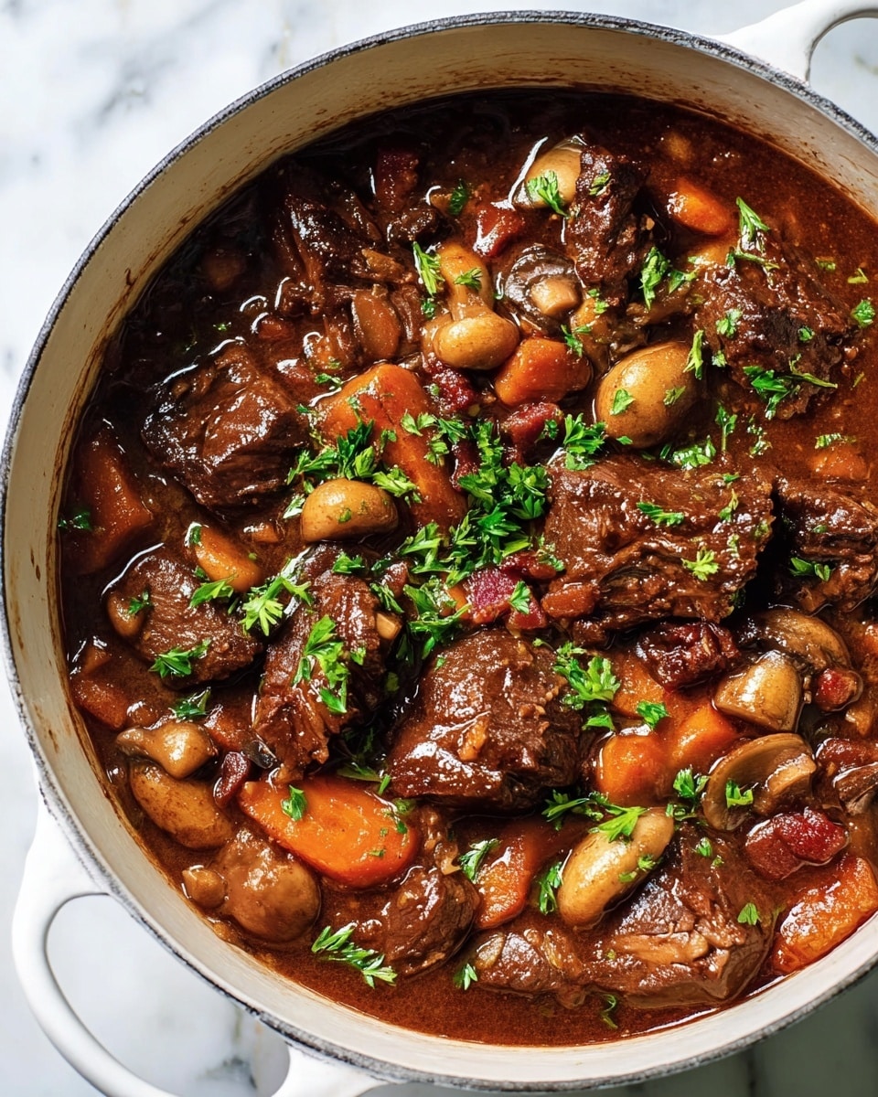 The image shows a white pot filled with a rich stew made of several layers: large chunks of dark brown braised beef, caramelized onions, whole small mushrooms, sliced orange carrots, and small pieces of bacon. The stew is thick and glossy with a deep reddish-brown sauce covering all ingredients. Bright green parsley leaves are sprinkled on top, adding a fresh color contrast. The pot sits on a white marbled surface. Photo taken with an iphone --ar 4:5 --v 7
