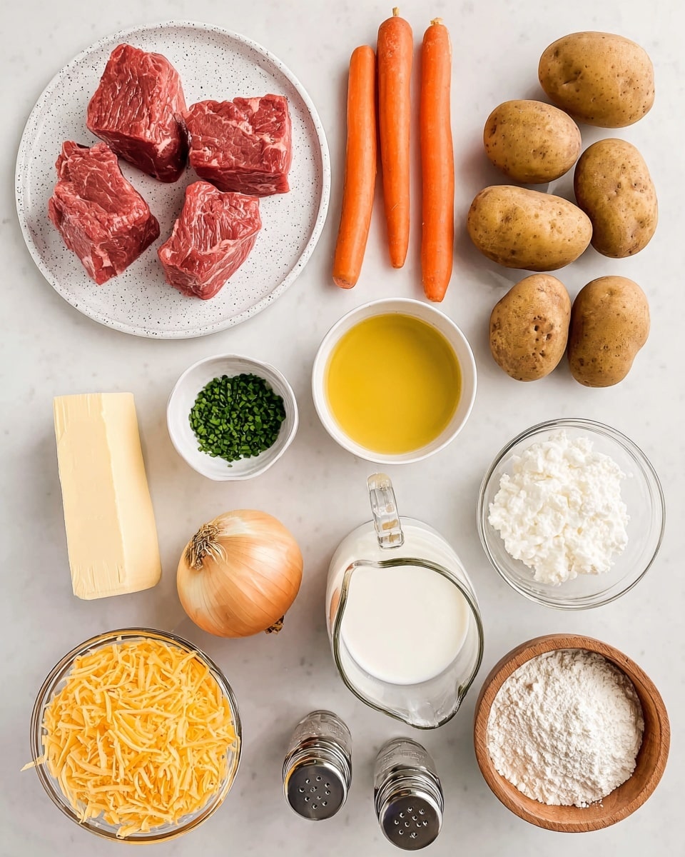The image shows raw ingredients neatly arranged on a white marbled surface: a white speckled plate with several pieces of raw red beef on the top left; five brown potatoes grouped to the right; two bright orange carrots placed vertically on the left below the beef; a small white bowl with yellow oil in the center; another small white bowl with chopped green chives above the oil; a whole yellow onion on the right; a small glass of white milk below the chives; a wooden bowl filled with white flour to the right of the milk; a small glass bowl with white sour cream beside the flour; a white bowl full of shredded yellow cheddar cheese beneath the milk; a rectangular stick of butter with a paper wrapper labeled