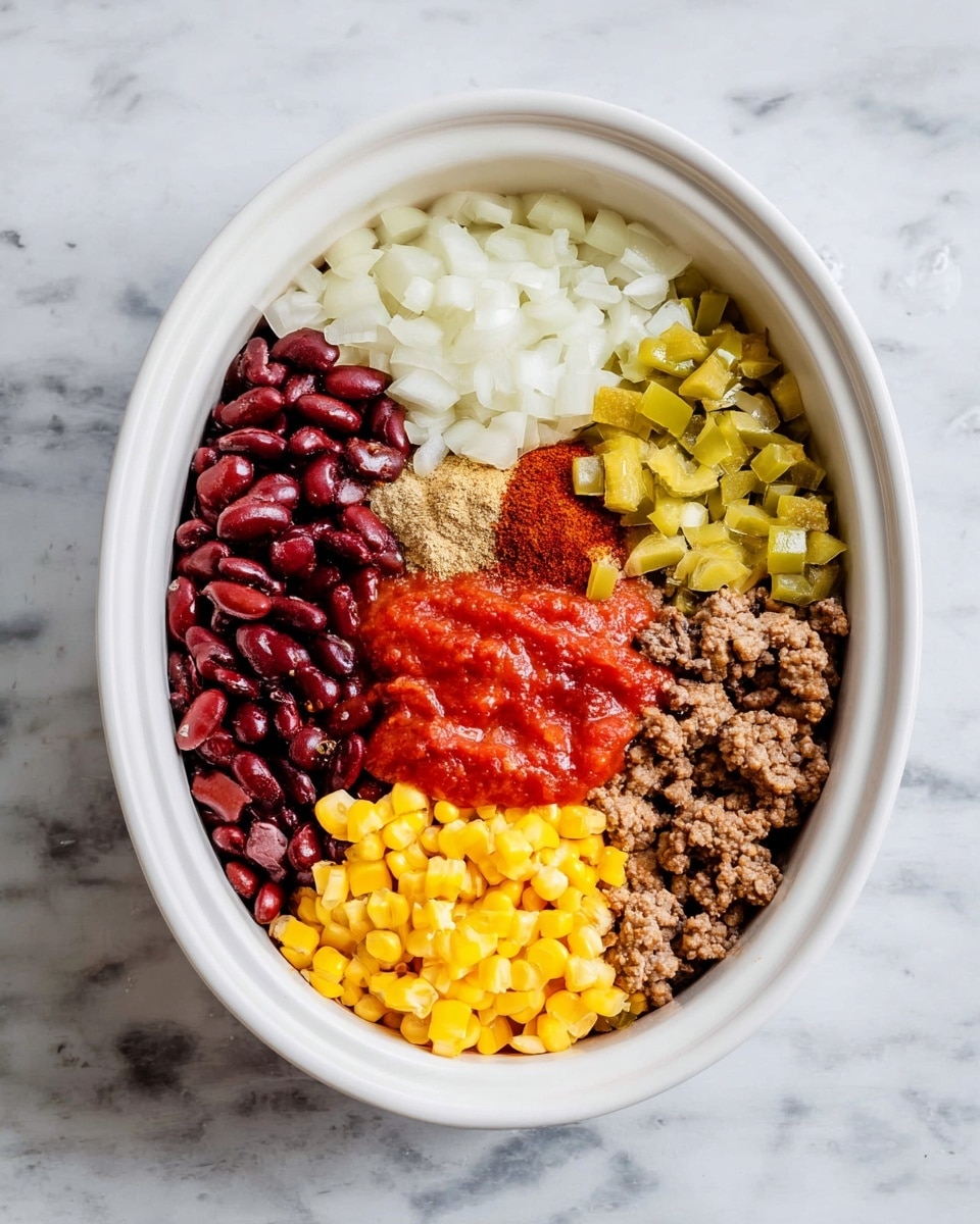 A white oval bowl sits on a white marbled surface filled with eight distinct layers of ingredients, arranged side by side. Starting from the left, there are dark red kidney beans with a shiny texture, next to off-white chopped onions with a rough texture, followed by bright yellow corn kernels. In the middle, a bright red tomato sauce layer with a smooth texture is topped with two small piles of spices, one rusty red and the other brown. To the right, there are chopped green peppers with a faint shine, bright yellow bell pepper pieces, and crumbled browned ground meat with a grainy texture. The viewer's angle is from above, clearly showing each layer’s color and texture. Photo taken with an iphone --ar 4:5 --v 7
