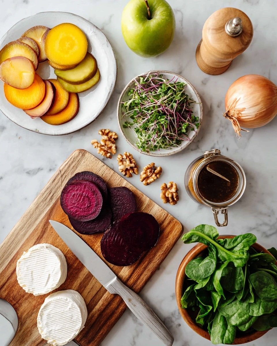 The image shows a white round plate on the left with several thin sliced orange and yellow round root vegetables. Below it is a wooden cutting board with dark purple slices of beets and a knife with a light gray handle resting on it. To the top left is a whole green apple on a white marbled surface. Near the center is a small bowl filled with green and purple microgreens. To the right of it is a whole shallot with light brown skin and scattered walnut halves near it. On the right side, there is a wooden bowl full of fresh green leafy spinach. Next to the walnuts is a small wooden bowl holding some sea salt. Below that bowl is a small white plate with two thick rounds of white cheese with a soft texture. A glass jar filled with dark brown dressing with a small spoon inside is near the apple. On the top right corner, there is a light wooden pepper grinder. The whole scene is set on a white marbled surface. photo taken with an iphone --ar 4:5 --v 7