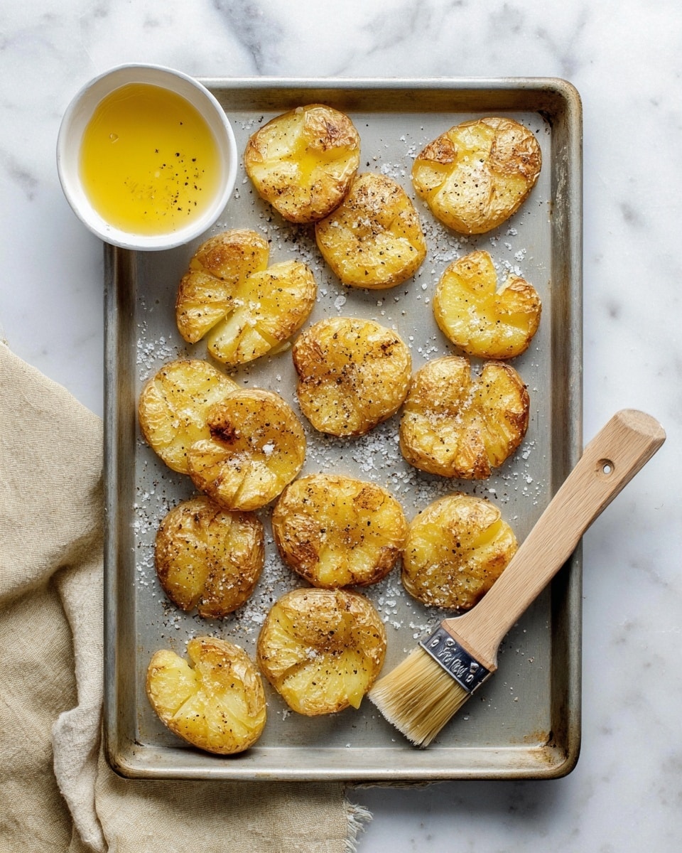 A metal baking tray holds a single layer of 15 smashed golden-brown potatoes with cracked, uneven surfaces and soft, pale yellow insides showing through; they are sprinkled with black pepper and salt. To the right of the tray, there is a wooden brush with light bristles resting on its edge. On the left side of the tray, there is a small white bowl containing a melted golden-yellow butter sauce. The tray and bowl sit on a white marbled surface, with a beige cloth partially visible in the bottom left corner. photo taken with an iphone --ar 4:5 --v 7