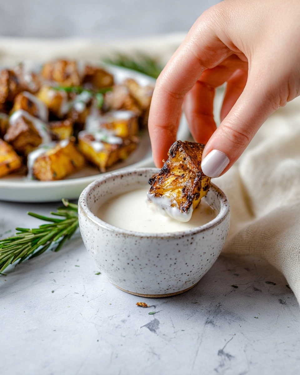 A close-up of a woman's hand dipping a crispy, brown, roasted potato piece with rough texture and some dark charred spots into a small speckled white bowl filled with creamy white sauce. In the blurred background, there is a white plate with more roasted potato pieces topped with drizzle of white sauce and garnished with rosemary sprigs. The scene is set on a light gray white marbled surface with a light beige cloth and some rosemary visible at the edges. photo taken with an iphone --ar 4:5 --v 7
