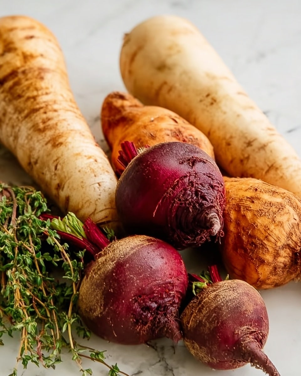 The image shows a close-up of four dark red beets with rough skin, placed on top of two beige parsnips and two orange sweet potatoes. The parsnips have a smooth and slightly pale surface, lying diagonally in the background, while the sweet potatoes have a rough, textured surface and are also placed diagonally but on the opposite side. Next to the vegetables, there is a small bunch of green, fresh thyme with tiny leaves. All the vegetables and herbs rest on a white marbled surface, creating a natural and fresh look. photo taken with an iphone --ar 4:5 --v 7