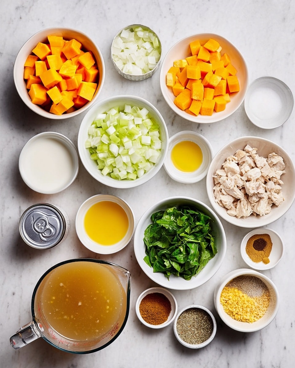 The image shows small white bowls and a glass measuring cup arranged neatly on a white marbled surface, each filled with different ingredients. There are two bowls with chopped orange pieces, one with diced white onions, one with chopped green celery, one with chopped green spinach leaves, and one with chopped light beige chicken. Smaller bowls hold golden yellow oil, minced garlic, minced ginger, and a mix of ground spices in shades of yellow, light brown, and dark brown, along with coarse black pepper and white salt. A glass measuring cup contains light brown broth, and an open can reveals thick white coconut milk. The setup is bright and clean, with all items spaced clearly for easy viewing. photo taken with an iphone --ar 4:5 --v 7