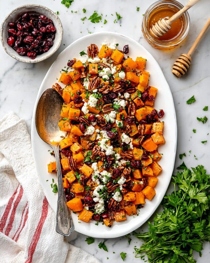 Roasted Butternut Squash with Pecans, Cranberries, Feta & Hot Honey Recipe