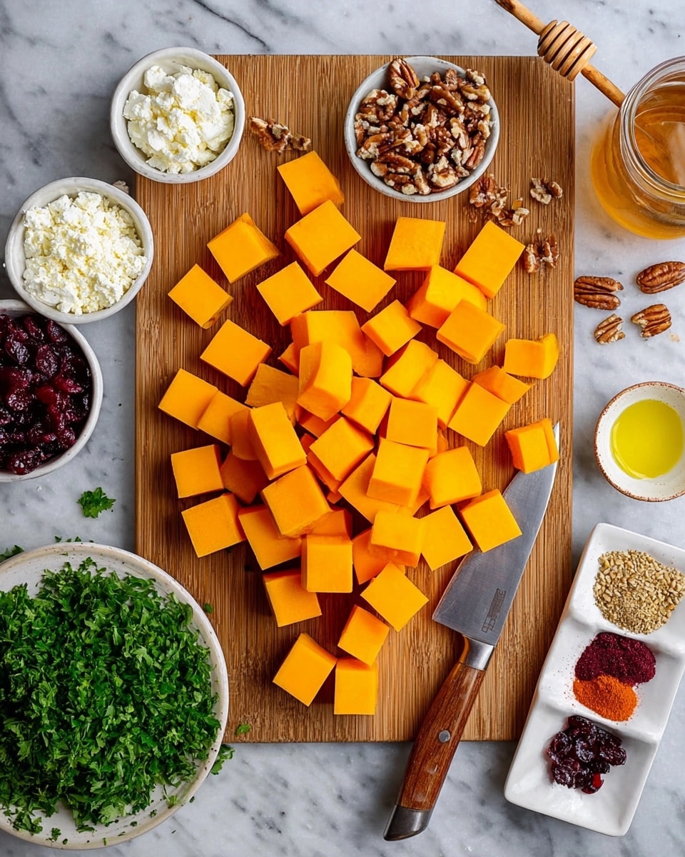 The image shows a wooden cutting board placed on a white marbled surface. On the cutting board, there are many bright orange cubes of squash spread around, with a knife with a wooden handle resting on the right side of the board. Around the cutting board, there are five small white bowls: one filled with fresh green parsley, one with white crumbled cheese, one with dry pecans, one with dark red dried cranberries, and a small bowl containing clear golden oil. There is also a white dish with several spices of different colors arranged in small sections, and a glass jar with honey and a wooden honey dipper on the right edge of the frame. photo taken with an iphone --ar 4:5 --v 7