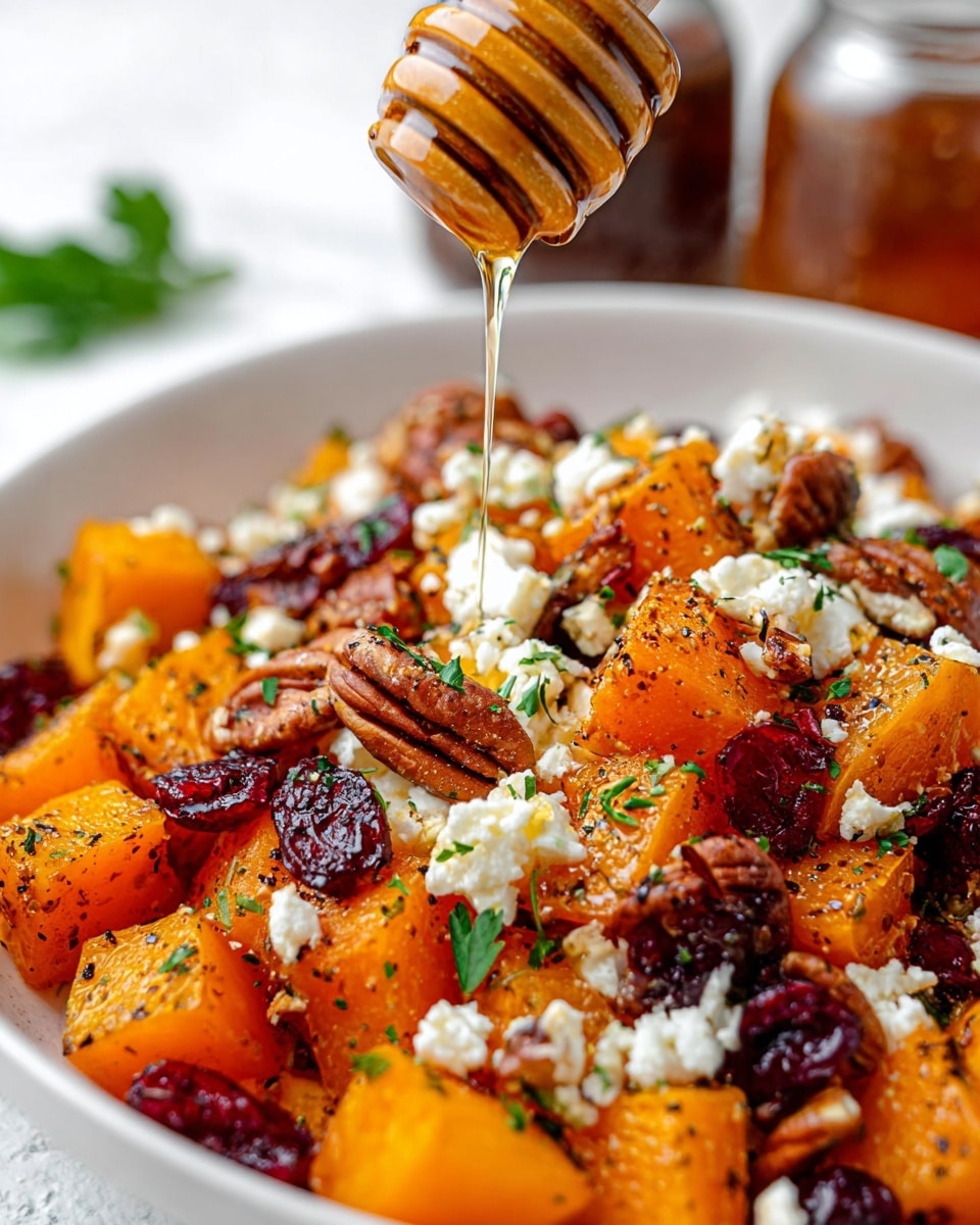 The image shows a close-up of roasted orange butternut squash cubes in a white bowl, topped with crumbled white cheese, whole pecans, dried dark red cranberries, and green parsley leaves. Honey is being drizzled over the salad from a wooden honey dipper positioned above the center, with the honey stream catching light. The squash has some brown roasted spots and seasoning specks visible on its surface. The background is a white marbled texture, with blurred jars and bowls in soft focus behind the bowl. photo taken with an iphone --ar 4:5 --v 7