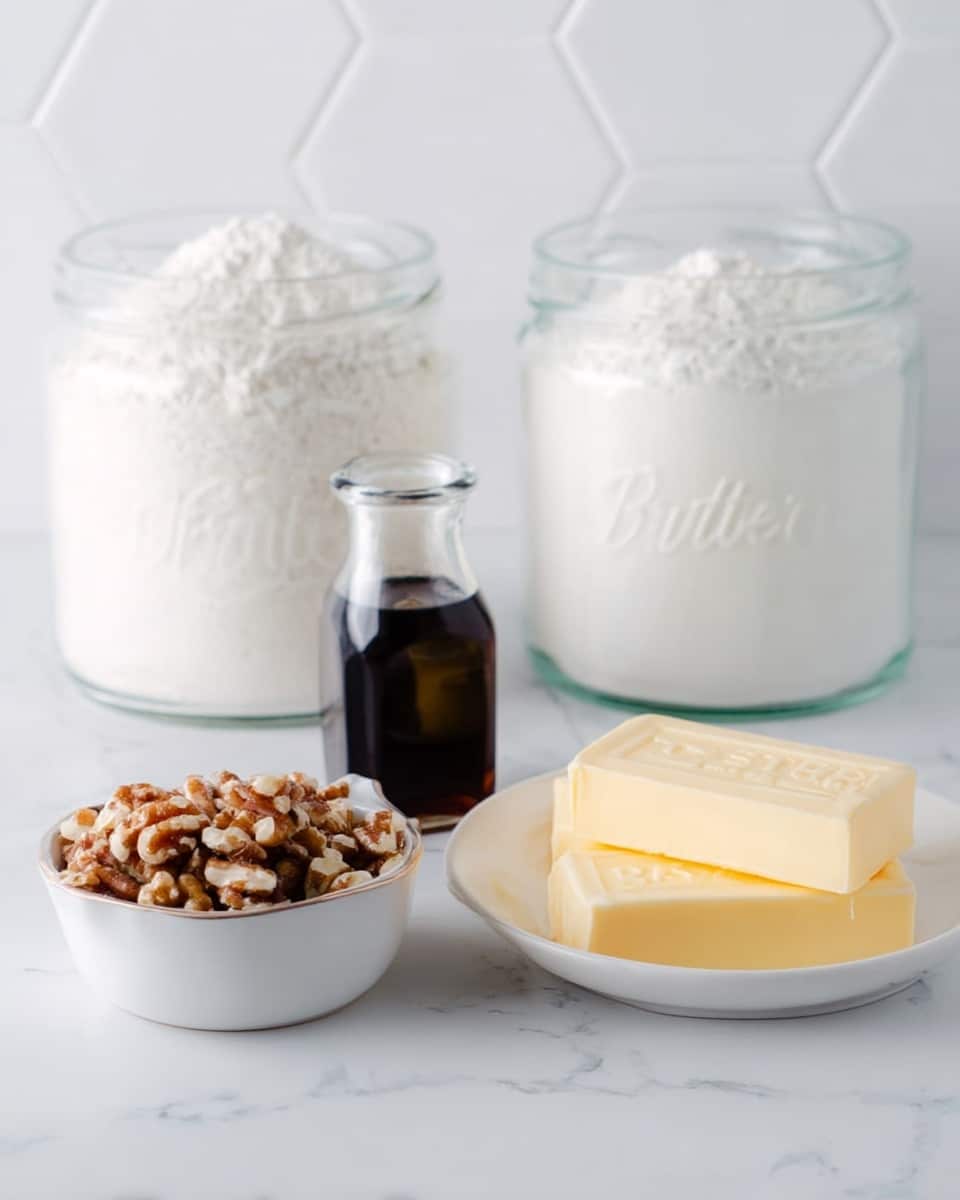The image shows a white marbled surface with two clear glass jars filled with white powder, likely flour and sugar, in the back. In front, there is a small clear glass bottle with dark liquid, a white bowl filled with chopped nuts, and two sticks of salted butter wrapped in cream-colored wrappers with blue text stacked on the right side. The overall setting is bright with a clean white hexagonal tile background. Photo taken with an iphone --ar 4:5 --v 7
