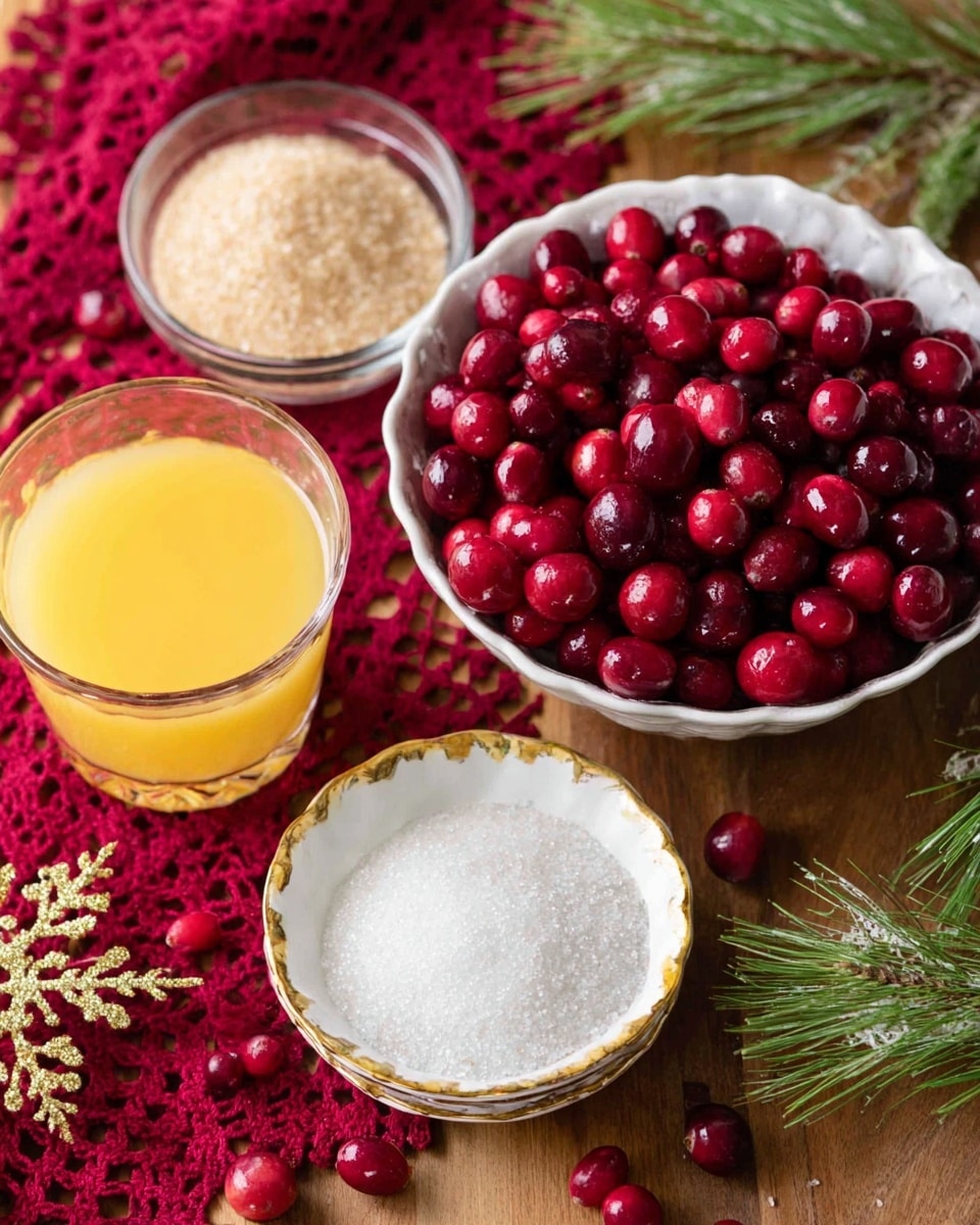A white bowl is full of shiny red cranberries at the top right; below it is a small clear bowl with light brown sugar, and to its right is a white bowl with a gold rim filled with white granulated sugar. At the bottom left is a clear glass with bright orange juice. The bowls and glass are arranged on a wooden surface with a red crocheted snowflake decoration beneath them, some scattered cranberries, a small gold decorative twig, and green pine branches near the bottom right. photo taken with an iphone --ar 4:5 --v 7