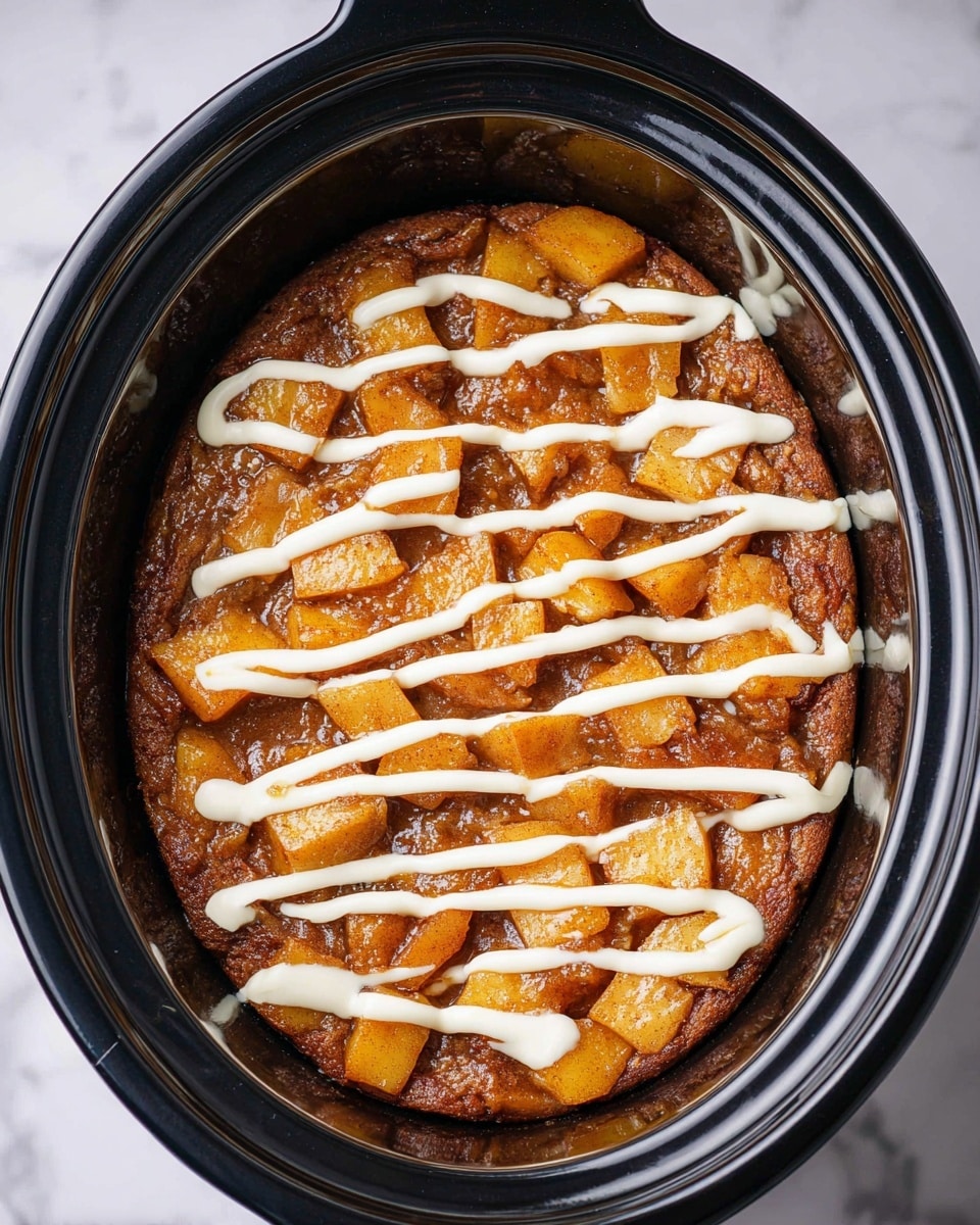 The image shows a round dish inside a black slow cooker, filled with a thick baked dessert made of golden brown chunks of soft fruit mixed with a warm, cinnamon-colored sweet sauce, creating a textured, slightly caramelized top layer. There are six uneven white cream lines drizzled across the dessert horizontally, adding contrast to the warm tones. The slow cooker is set on a white marbled surface, enhancing the food's warm colors. photo taken with an iphone --ar 4:5 --v 7