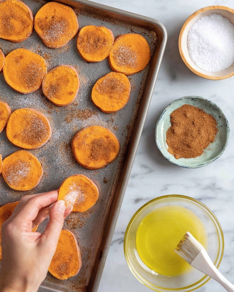 The image shows a metal baking tray with several round, orange sweet potato slices arranged in rows. Each slice has a light dusting of brown seasoning on top. In the foreground, a woman's hand is sprinkling more of the brown seasoning onto one of the slices. Next to the tray, there are two small bowls, one with white salt and the other with brown seasoning mixed with yellow oil. A clear bowl of yellow oil with a white brush rests nearby. The surface is white marble textured. photo taken with an iphone --ar 4:5 --v 7