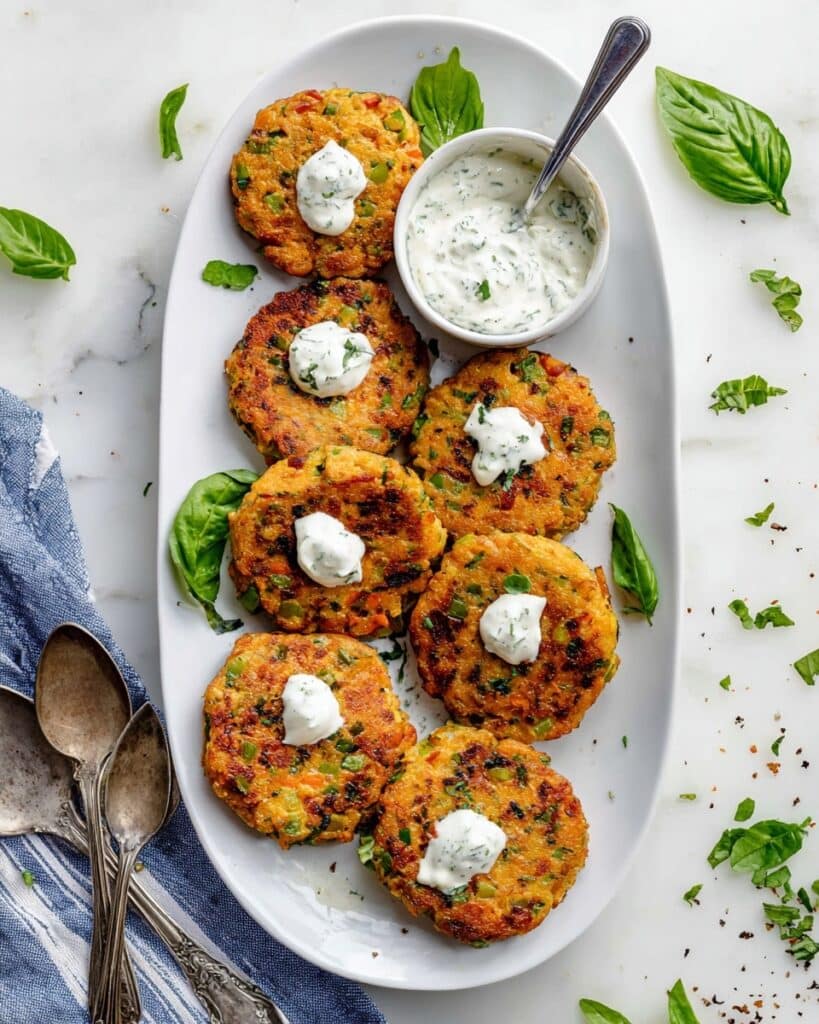 Vegetable Chickpea Fritters with Lemon Herb Yogurt Sauce Recipe