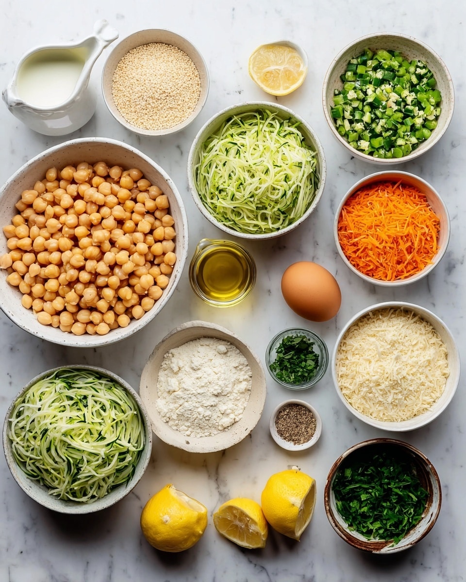 A collection of various ingredients arranged neatly on a white marbled surface, featuring a large bowl filled with round, light brown chickpeas on the left, surrounded by smaller white bowls holding shredded green zucchini, finely chopped green onions, grated orange carrots, flour, panko breadcrumbs, fresh chopped herbs in different shades of green, grated cheese, and seasoning salts and pepper. A small glass of golden olive oil, a white jug of creamy yogurt, a brown egg, and two lemon halves cut open show vibrant yellow textures. Each item is clearly separated, showcasing bright and fresh colors. Photo taken with an iphone --ar 4:5 --v 7