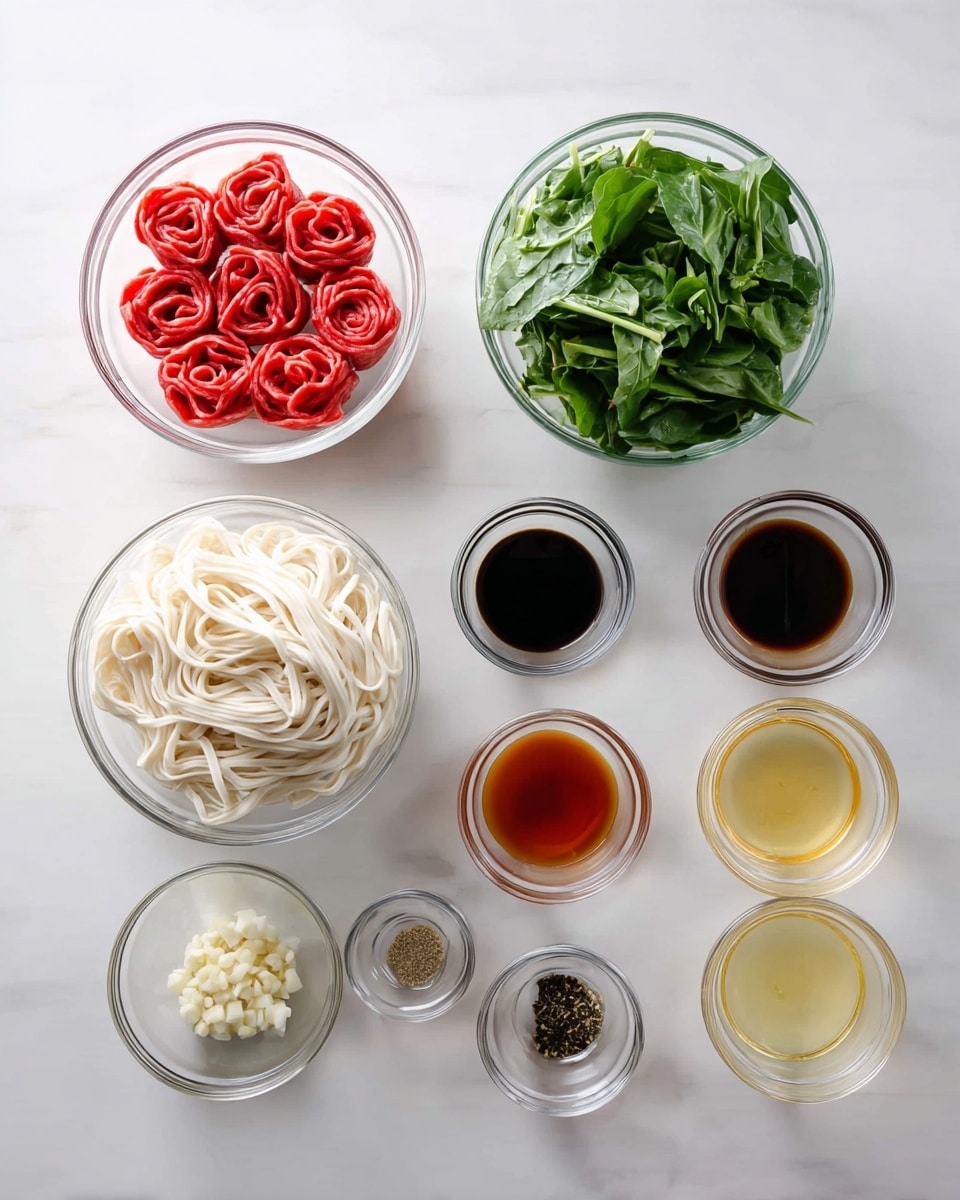 The image shows various ingredients in clear glass bowls placed on a white marbled surface. On the left, there are three larger bowls: the top one contains rolled thin slices of bright red raw meat, below it is a bowl with thick white noodles, and next to the noodles is a bowl filled with fresh chopped green leafy vegetables. To the right, nine smaller bowls hold different liquids and seasonings in colors like dark brown, black, light amber, light yellow, and a small amount of black pepper. A separate small bowl contains minced garlic. The bowls are neatly arranged in a grid pattern, creating a clean and organized look, photo taken with an iphone --ar 4:5 --v 7