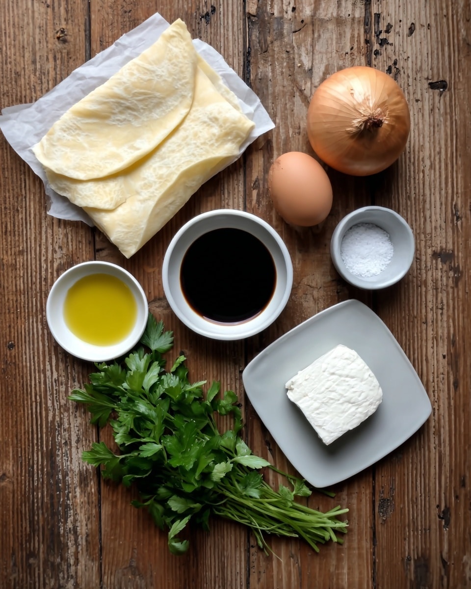 The image shows a wooden table with several cooking ingredients arranged neatly. On the left side, there is a folded sheet of pale yellow dough with a thin texture. Near it, a brown onion with a smooth skin sits next to a small white dish filled with dark liquid, likely soy sauce. Below that is a small white bowl holding yellow olive oil. To the right, there is a whole brown egg placed beside a white square plate with a block of white cheese that has a slightly wrinkled surface. Above the egg is a small white bowl containing coarse salt. At the bottom center, there is a bunch of fresh green parsley with vibrant leaves. The setup is simple and clean, set on a rustic wooden surface. photo taken with an iphone --ar 4:5 --v 7