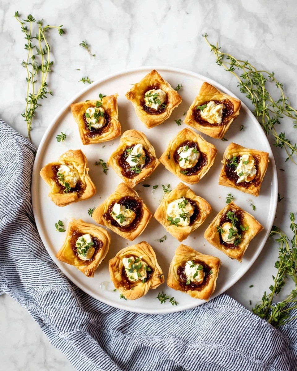The image shows a white round plate placed on a white marbled surface, filled with fifteen small square-shaped tartlets arranged neatly. Each tartlet has a golden-brown crust with slightly folded edges forming a shallow cup. Inside the crust is a rich, dark caramelized layer topped with dollops of creamy white cheese. Small green thyme leaves are placed on top of each tartlet, adding a fresh touch. Around the plate, fresh sprigs of thyme lie scattered on the white marbled surface, and a gray and white striped cloth rests partly under the plate. Photo taken with an iphone --ar 4:5 --v 7