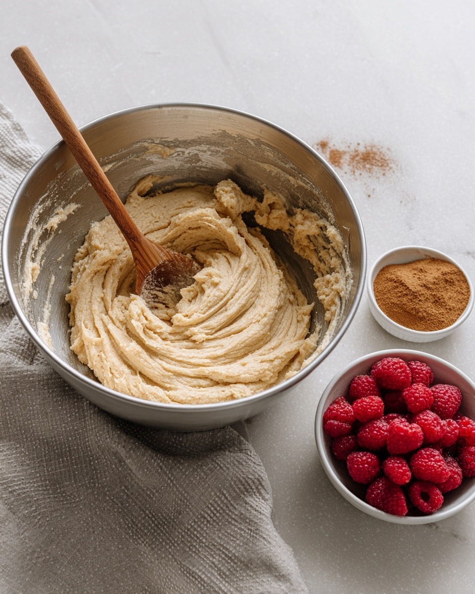 A large silver metal bowl holds light beige dough with a thick and slightly rough texture pushed to the center where a wooden spoon rests inside, showing swirled patterns. The bowl is placed on a light gray textured fabric, all set on a white marbled surface. To the right side, two small white bowls sit on the surface: one filled with whole bright red raspberries, the other with a fine brown powder, possibly cinnamon. The scene is softly lit, showing all the textures clearly. Photo taken with an iphone --ar 4:5 --v 7