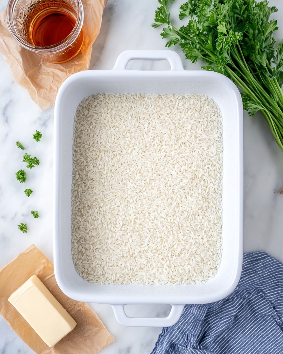 A white square baking dish filled with an even layer of uncooked white rice grains, resting on a white marbled surface. Around the dish, there are small green parsley leaves scattered, a stick of butter on brown paper on the left side, a clear glass container with brown liquid in the top left corner, and a bundle of fresh green parsley on the upper right corner. A striped blue and white cloth is partially visible in the bottom right corner. Photo taken with an iphone --ar 4:5 --v 7