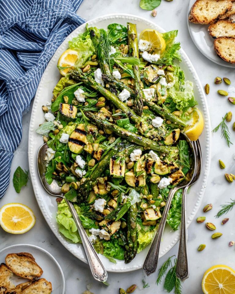 Grilled Asparagus and Zucchini Salad with Feta, Pistachios, and Lemon Dressing Recipe