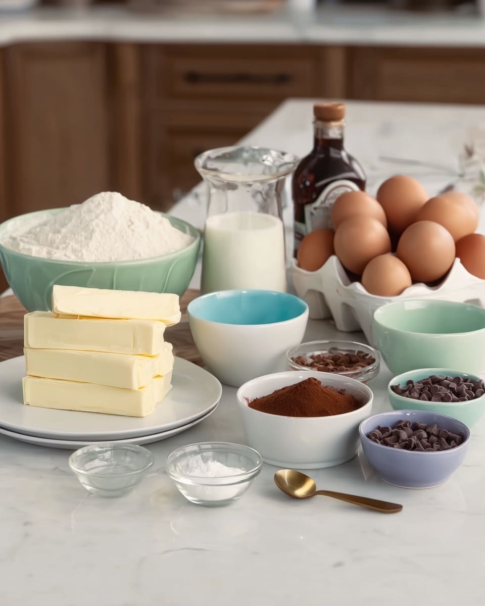 The image shows many baking ingredients arranged on a white marbled surface with wooden cabinets in the background. In the front left, there is a white plate with three stacks of pale yellow butter sticks. Next to it, three small bowls in shades of light green, blue, and purple are placed. In front of these bowls is a small clear bowl with a white ingredient. Behind these, there is a white bowl with a golden spoon, filled with brown cocoa powder. To the right, more white bowls contain chocolate chips and another type of cocoa powder. A glass of white milk is placed towards the back right, near a container holding a dozen eggs of different light browns and one light blue egg in a white ceramic egg holder. Behind the bowls, there is a large white bowl filled with flour and a bottle of vanilla extract. The whole setup is neat and ready for baking. Photo taken with an iphone --ar 4:5 --v 7