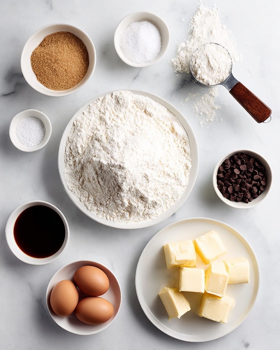The image shows nine white bowls and one white plate arranged on a white marbled surface. The largest white plate in the center is filled with a heap of white flour with some flour spilled around it. To the right, a metal measuring cup with a wooden handle contains flour, some spilling onto the surface. Above, small white bowls hold granulated white sugar, baking soda, and dark brown chocolate chips. On the left, a white bowl is filled with light brown sugar, and below it is a small white bowl with a dark brown liquid, likely vanilla extract. At the bottom are two brown eggs in a white bowl beside a round white plate holding several evenly cut cubes of pale yellow butter. photo taken with an iphone --ar 4:5 --v 7