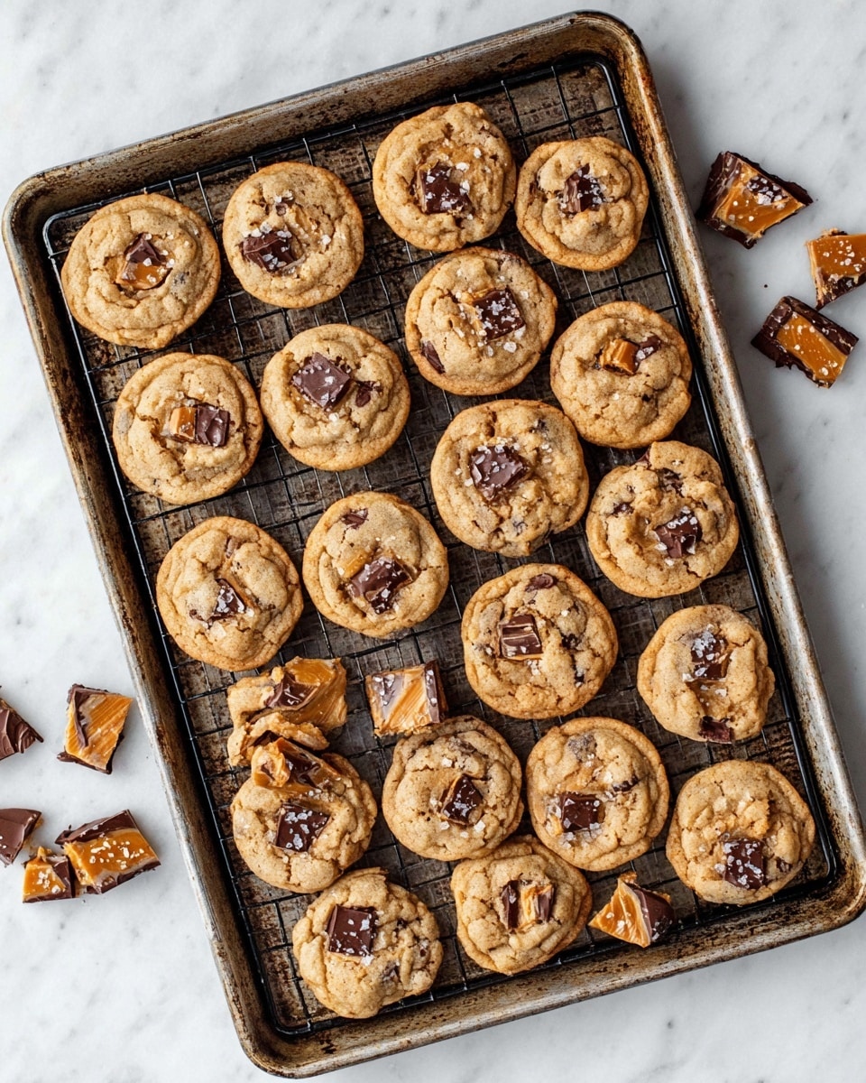 A metal baking tray with a black cooling rack holds 24 round cookies arranged in 5 rows; the cookies are light brown with a soft, slightly cracked texture, embedded with dark chocolate chunks and pieces of toffee scattered throughout. Some cookies have small flakes of sea salt on top, adding a white speckled detail. Around the edges of the tray, there are broken pieces of toffee covered partly in dark chocolate, showing a shiny and rough texture. The tray rests on a white marbled surface, adding a clean, bright background to the warm tones of the cookies photo taken with an iphone --ar 4:5 --v 7