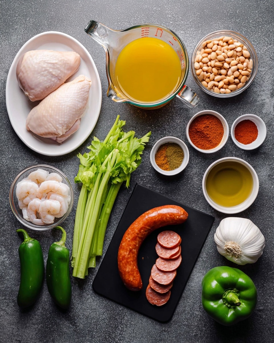 The image shows a cooking setup with raw ingredients arranged neatly on a dark gray textured surface. On the left, there are two pieces of pale pink chicken on a white oval plate, next to a large clear glass measuring cup filled with bright yellow broth. In the center, there is a bunch of fresh bright green celery stalks lying next to a shiny green jalapeño pepper and a whole white onion. To the right, a black cutting board holds a thick U-shaped sausage, one side cut partially into slices revealing its reddish brown interior. Above the sausage, two open cans reveal light brown beans. Next to the cans, a small clear bowl has white raw shrimp pieces. Near the bowls are small glass containers with bright red, dark red, and yellow spices arranged along with a small glass bowl of golden oil. On the far right is a white plate holding a shiny green bell pepper and two whole garlic bulbs below it. All the ingredients are arranged cleanly and clearly visible. Photo taken with an iphone --ar 4:5 --v 7