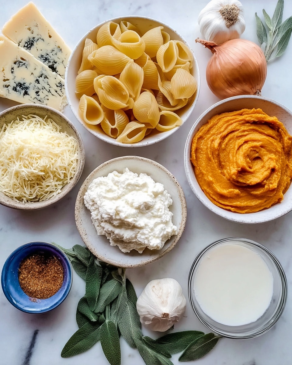 A white bowl at the top right holds large uncooked yellow pasta shells with a smooth, slightly ridged texture. Below and to the left, a small white bowl is filled with grated pale yellow cheese, showing thin, uneven strands. To the right of the grated cheese, another white bowl contains bright orange pumpkin puree with a soft, smooth texture and visible swirls. Below the cheese is a small rustic bowl with thick, white ricotta cheese, smooth but slightly lumpy on top. To the right of the ricotta is a clear small bowl filled with a white liquid, possibly cream or milk, reflecting light on its smooth surface. To the bottom left is a small blue bowl with light brown spices, finely ground and evenly spread. Above the spices, a whole onion sits with its golden-brown, papery skin, and to the right, a bulb of garlic with white, slightly rough skin. Around these ingredients, fresh sage leaves with visible veins and a slightly fuzzy texture are scattered on a white marbled surface. Two wedge blocks of pale yellow cheese with dark herb flecks sit near the top left, their flat sides smooth and waxy. photo taken with an iphone --ar 4:5 --v 7