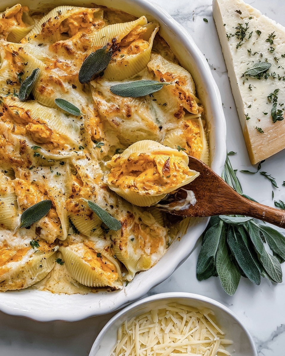A white round dish filled with large pasta shells stuffed with an orange filling, arranged closely together and topped with melted white cheese that is slightly browned. Fresh green sage leaves are scattered on top, adding color contrast. A wooden spoon is lifting one shell, showing the creamy insides and cheese. Next to the dish is a slice of white cheese with herbs on a white marbled surface, and a white bowl of shredded cheese nearby. Photo taken with an iphone --ar 4:5 --v 7