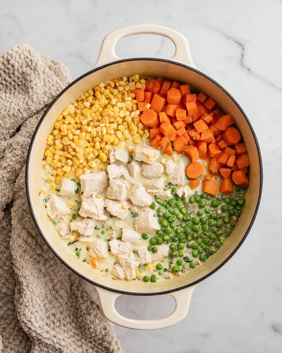 A white pot is shown from above with four main layers inside: in one section, light yellow corn kernels are piled; next to it, pale beige chunks of cooked chicken rest; nearby, a mix of creamy white sauce with small diced orange carrots and green peas is visible; the last section is filled with bright orange carrot cubes and green peas. The pot has a wide handle on top and is placed on a white marbled surface with a textured light beige cloth partly visible on the left side. Photo taken with an iphone --ar 4:5 --v 7