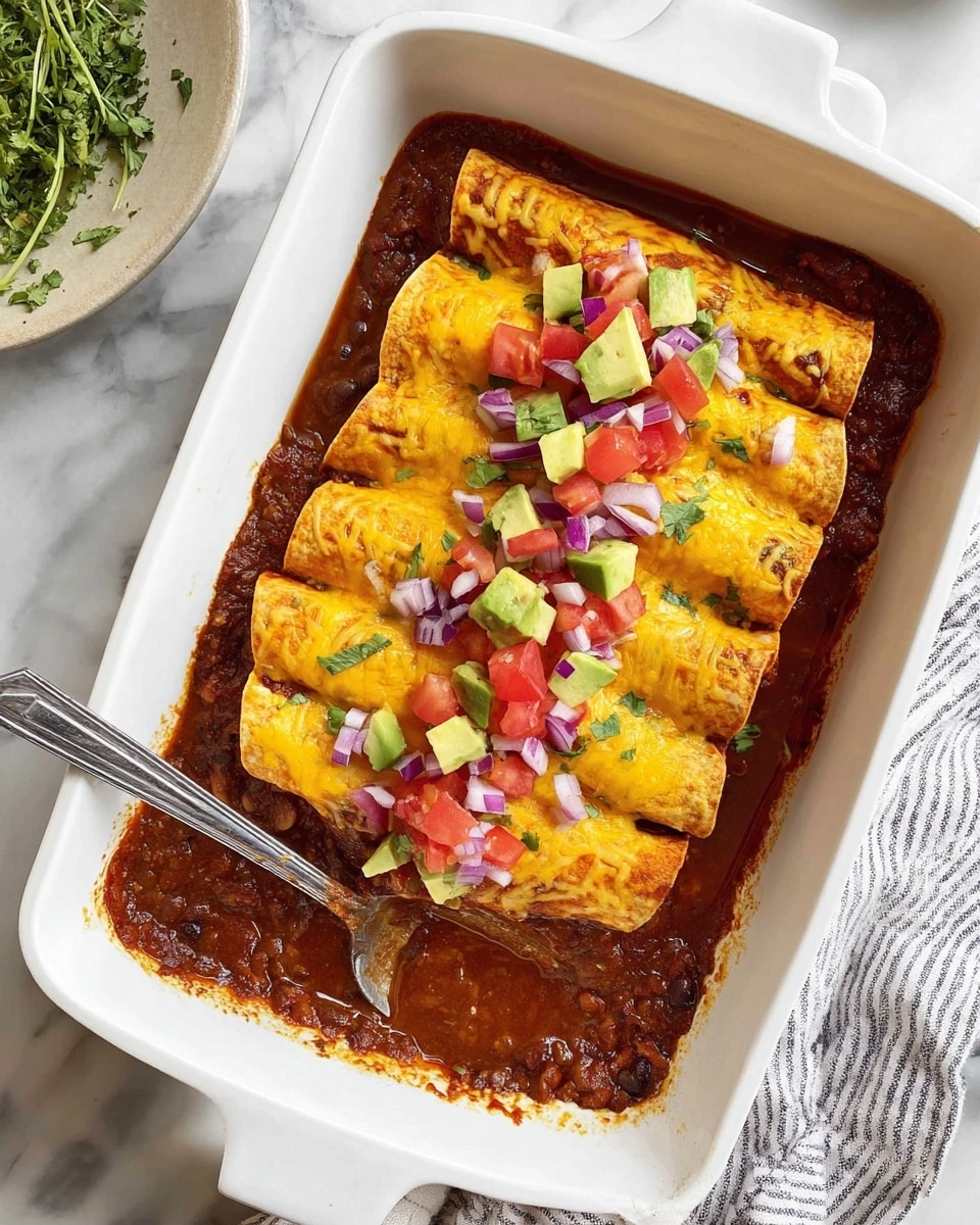 A white rectangular baking dish filled with six rolled tortillas placed side by side, each covered with melted yellow cheese. The tortillas rest on a deep red-brown sauce with visible chunks of cooked meat and beans at the bottom. On top of the tortillas is a colorful topping made of small green avocado pieces, red tomato cubes, and purple-red onion cubes scattered evenly. A silver spoon is partially under the left side of the tortillas, slightly lifting them, showing the sauce underneath. The dish sits on a white marbled surface partially covered by a striped cloth and some green herbs nearby. Photo taken with an iphone --ar 4:5 --v 7