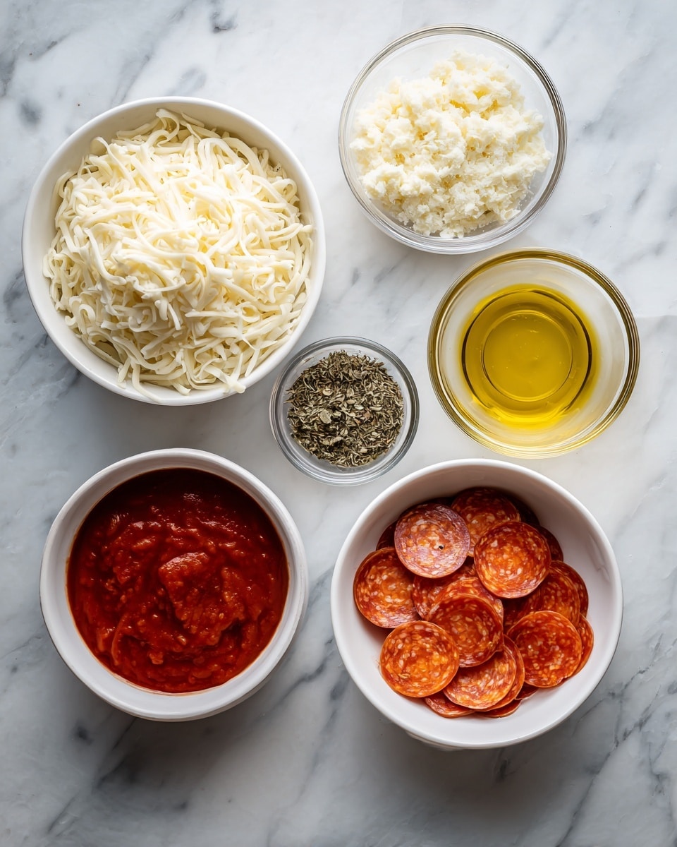 The image shows six bowls placed on a white marbled surface, each containing different pizza ingredients. Starting from the top left, there is a white bowl filled with shredded mozzarella cheese, creamy white-yellow in color and soft in texture. To the right is a clear bowl with golden yellow olive oil, smooth and shiny. Below the cheese bowl is a white bowl filled with small, round slices of pepperoni, reddish-orange with a slightly oily surface. Near the center is a small clear bowl with dried Italian herbs, dark green with a rough, crumbly texture. To the lower right of the herbs is another small clear bowl containing finely grated garlic, pale yellow with powdery texture. At the bottom left, a round clear bowl holds bright red marinara sauce, thick and smooth. All bowls are simple and cleanly arranged, and the scene is well-lit to highlight the colors and textures of the ingredients photo taken with an iphone --ar 4:5 --v 7