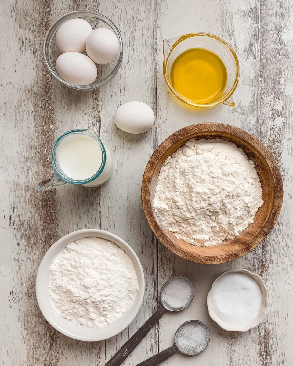 The image shows ingredients for baking arranged on a white marbled surface. There are two white eggs in a small clear glass bowl at the top left, next to a clear measuring cup filled with yellow oil. Below the eggs is a small clear glass bottle filled with milk. Center-right is a rustic wooden bowl filled with white flour. To the left of the wooden bowl is a white bowl filled with powdered sugar. In the bottom right is a small white bowl with white granulated sugar. Two metal measuring spoons with white powder and salt rest beside the wooden bowl of flour. photo taken with an iphone --ar 4:5 --v 7