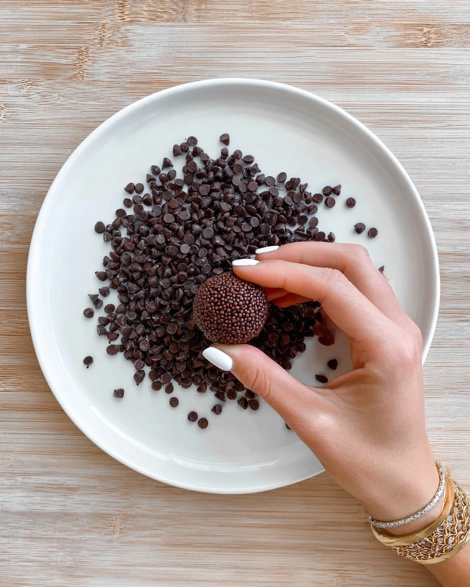 A white plate filled with a layer of small dark brown chocolate chips spread evenly across the surface, in the center a round chocolate ball covered in chocolate chips is held gently by a woman's hand with white nail polish and gold bracelets on her wrist; the plate is placed on a light wood surface photo taken with an iphone --ar 4:5 --v 7