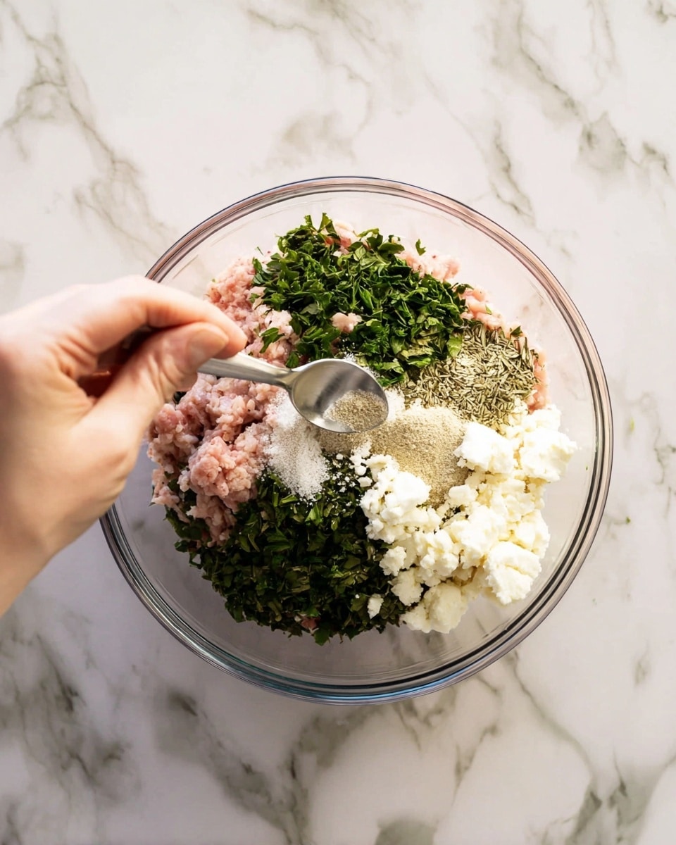 In a clear glass bowl on a white marbled surface, several ingredients are placed side by side before mixing. The bowl contains a bottom layer of light pink ground meat, topped with fresh chopped dark green herbs on the left half, crumbly white cheese on the bottom right, and a beige powdery substance near the top right. In the center, there are small white granules resembling salt and some green dried herbs. A woman's hand holding a small silver spoon hovers above the bowl, poised to add more of the beige powder. The photo taken with an iphone --ar 4:5 --v 7