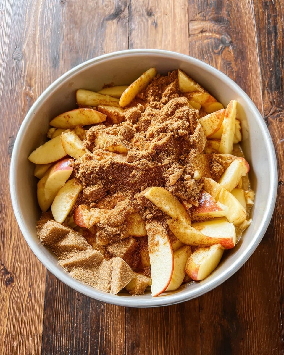 A white pot filled with three layers: the bottom layer is thinly sliced apple pieces in light yellow with some red skin showing, the middle layer is a thick sprinkle of brown sugar powder and small clumps scattered unevenly, and the top layer is a dusting of cinnamon spice in a warm brown shade covering the sugar and apples, all sitting on a wooden surface. photo taken with an iphone --ar 4:5 --v 7