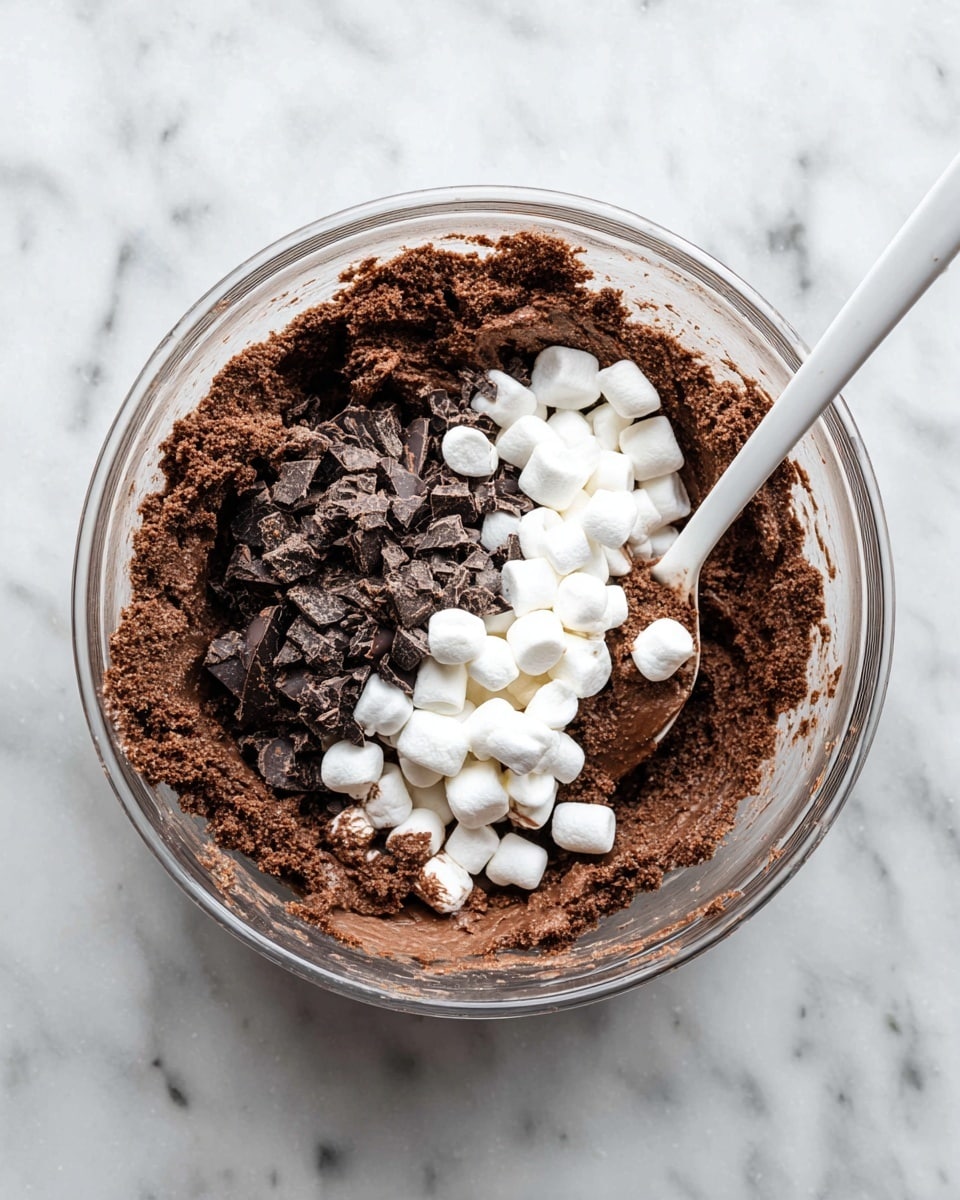 A clear glass bowl sits on a white marbled surface, filled mostly with thick, dark brown chocolate dough. On top of the dough, there are three visible layers: one of small, soft white mini marshmallows, another of chunky dark brown chocolate pieces with rough texture, and the dense brown dough underneath. A white spoon with some dough stuck to it rests inside the bowl, leaning against the side. The scene shows a close-up top view of the bowl and its contents. photo taken with an iphone --ar 4:5 --v 7