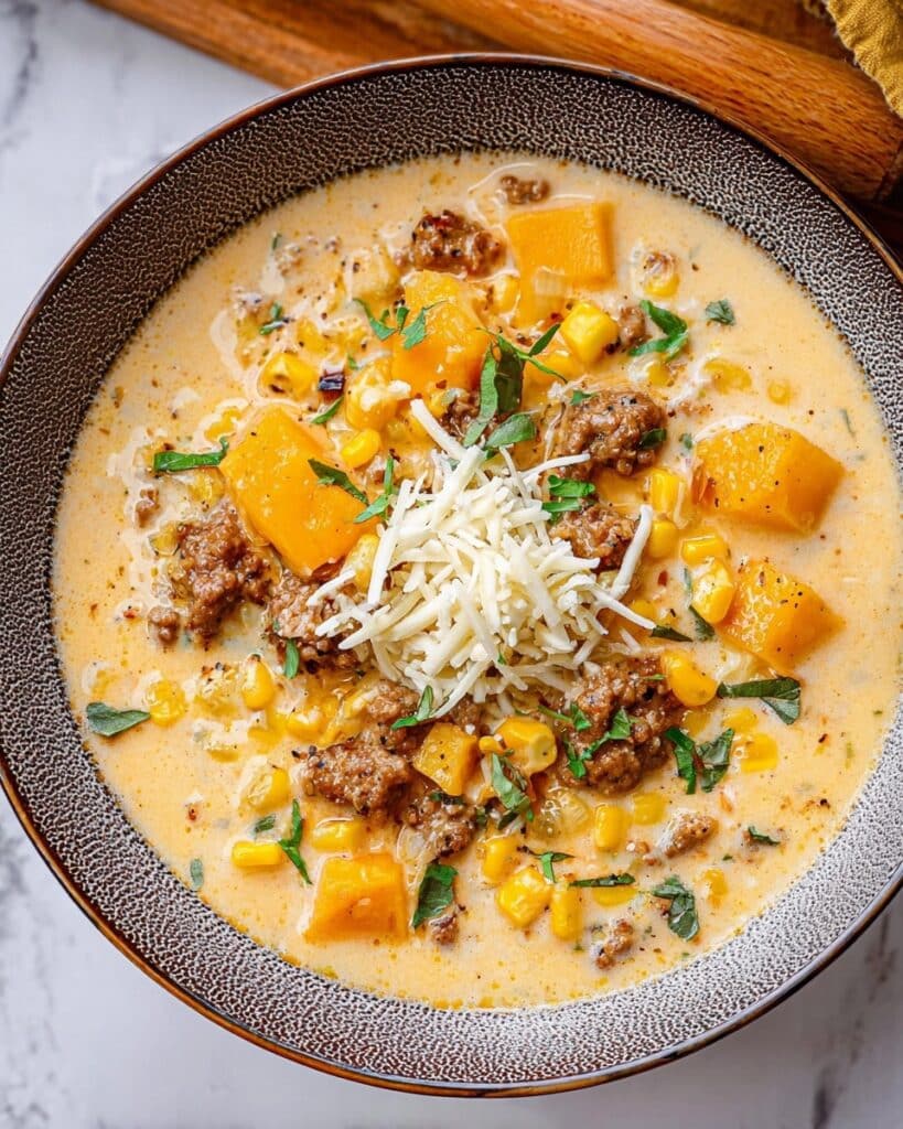 Creamy Butternut Squash Chowder with Italian Turkey Sausage, Corn, and White Cheddar Recipe