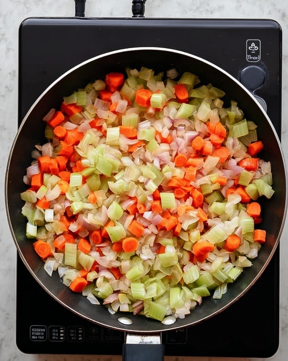 A close-up top view of a black frying pan filled with finely chopped vegetables in three visible layers: the bottom layer is small white and light pink pieces that look like onions, the middle layer has bright orange chunks of carrots, and the top layer shows round slices of light green leeks. The frying pan sits on a black induction stove, and the background is a white marbled texture photo taken with an iphone --ar 4:5 --v 7