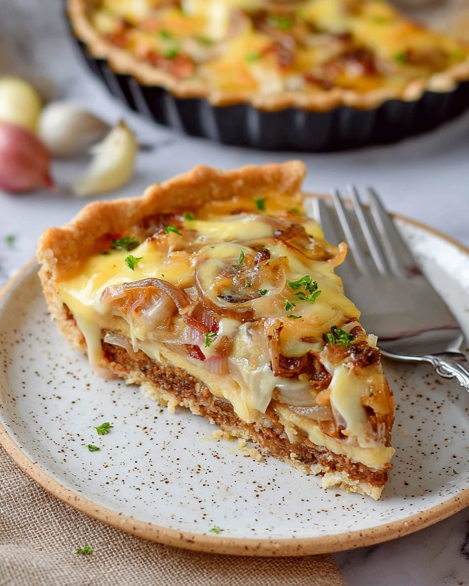 A slice of savory pie on a white speckled plate with a silver serving spatula underneath the slice, showing three layers: a brown, crumbly crust as the base, topped with a layer of mixed cooked onions in golden brown and light tan colors, and a creamy yellow melted cheese layer on top with small green herb pieces sprinkled across. The background has a white marbled texture with a whole pie in a black tart dish slightly out of focus. Photo taken with an iphone --ar 4:5 --v 7