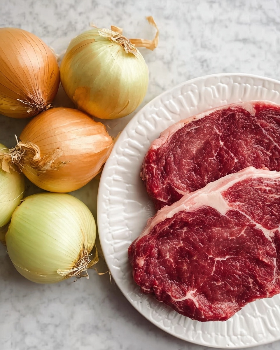 The image shows two raw steaks with deep red color and visible white fat marbling on a white plate with a raised edge pattern. Next to the plate, there are five whole yellow onions with light yellow peeling and some brown stems attached. Everything is placed on a white marbled surface. photo taken with an iphone --ar 4:5 --v 7