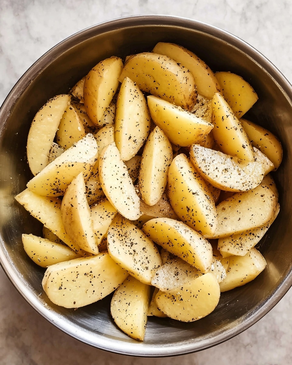 The image shows a round metal bowl filled with many pieces of potato wedges. The wedges are light yellow with a smooth texture on the cut sides and a bit of potato skin left on the edges. They are all coated with small black pepper flakes that spread evenly across the potato surfaces. The bowl sits on a white marbled surface that shows through at the edges. photo taken with an iphone --ar 4:5 --v 7