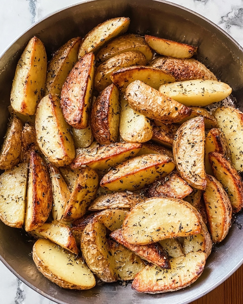 The image shows a round metal tray filled with golden roasted potato wedges arranged in a single layer, some overlapping slightly. Each wedge has a golden-brown, crispy skin with darker browned edges and is sprinkled with black pepper and dried herbs, giving a speckled look. The inside of the wedges is soft and light yellow, contrasting with their browned outer edges. The background has been changed to a white marbled texture. Photo taken with an iphone --ar 4:5 --v 7