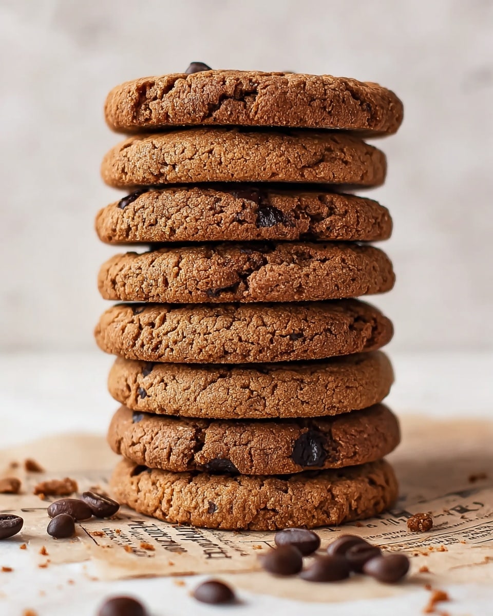 A stack of seven round chocolate chip cookies is shown close up. Each cookie is thick with a rough, cracked surface in a warm brown color with darker spots where the chocolate chips are. The cookies are piled neatly on a piece of light brown paper with faint text. Around the base, there are some cookie crumbs and several scattered dark brown coffee beans. The background is a smooth white marbled texture. Photo taken with an iphone --ar 4:5 --v 7